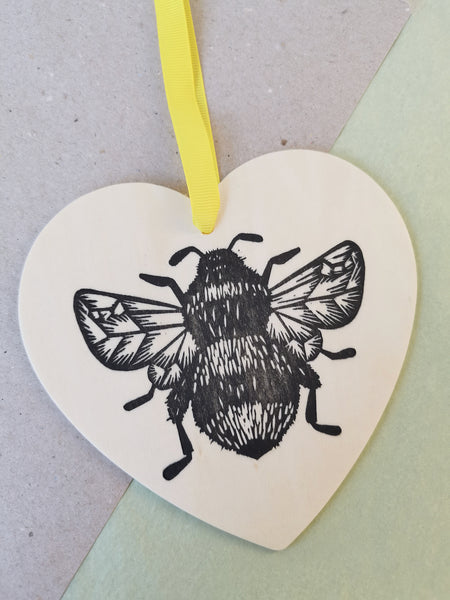 Bumblebee heart hanging decoration - wooden hand printed Linocut