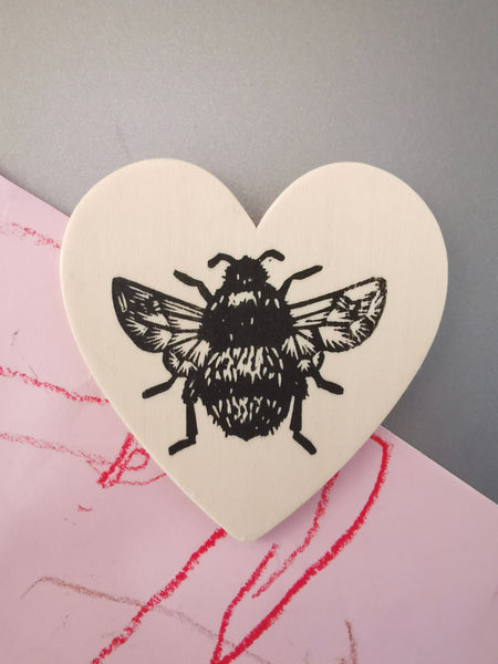 Bumblebee heart magnet - wooden hand printed Linocut