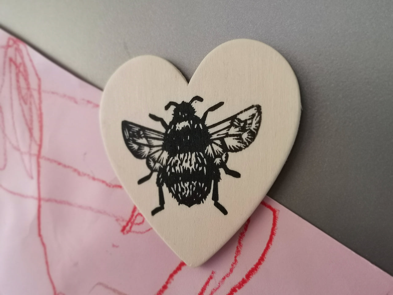 Bumblebee heart magnet - wooden hand printed Linocut