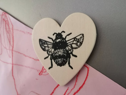 Bumblebee heart magnet - wooden hand printed Linocut