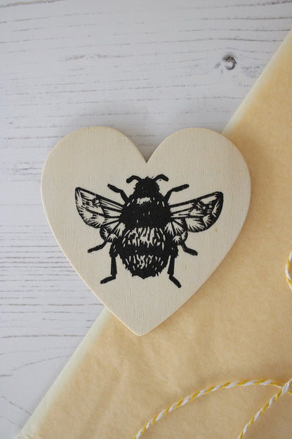 Bumblebee heart magnet - wooden hand printed Linocut