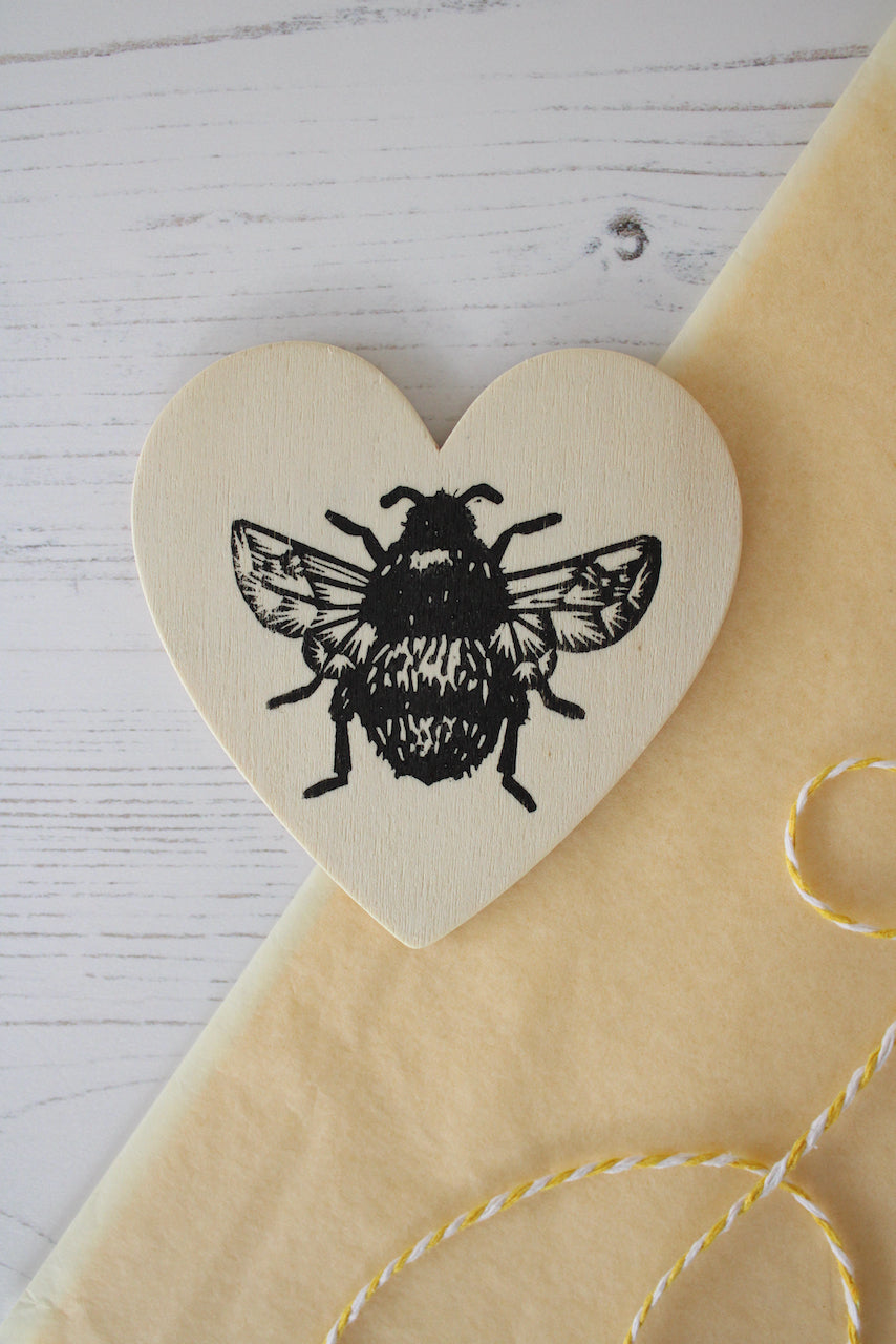 Bumblebee heart magnet - wooden hand printed Linocut