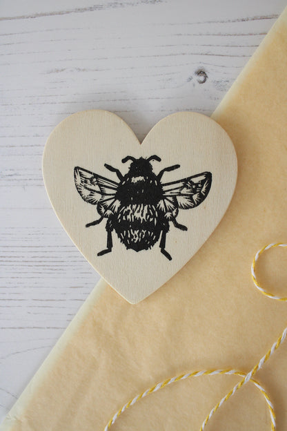 Bumblebee heart magnet - wooden hand printed Linocut