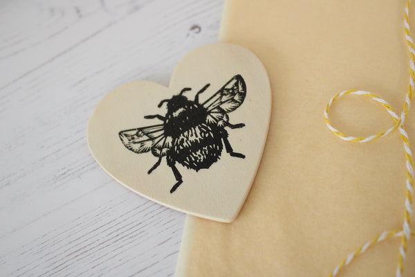 Bumblebee heart magnet - wooden hand printed Linocut