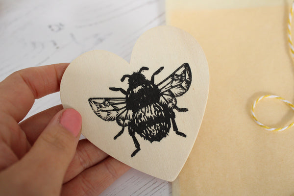 Bumblebee heart magnet - wooden hand printed Linocut