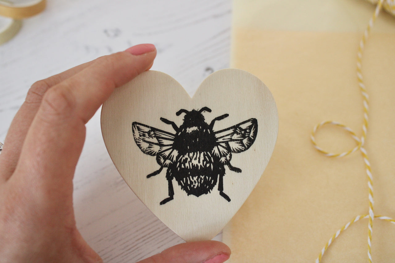 Bumblebee heart magnet - wooden hand printed Linocut