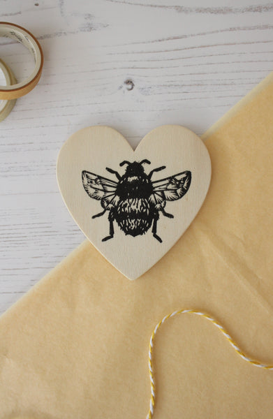 Bumblebee heart magnet - wooden hand printed Linocut