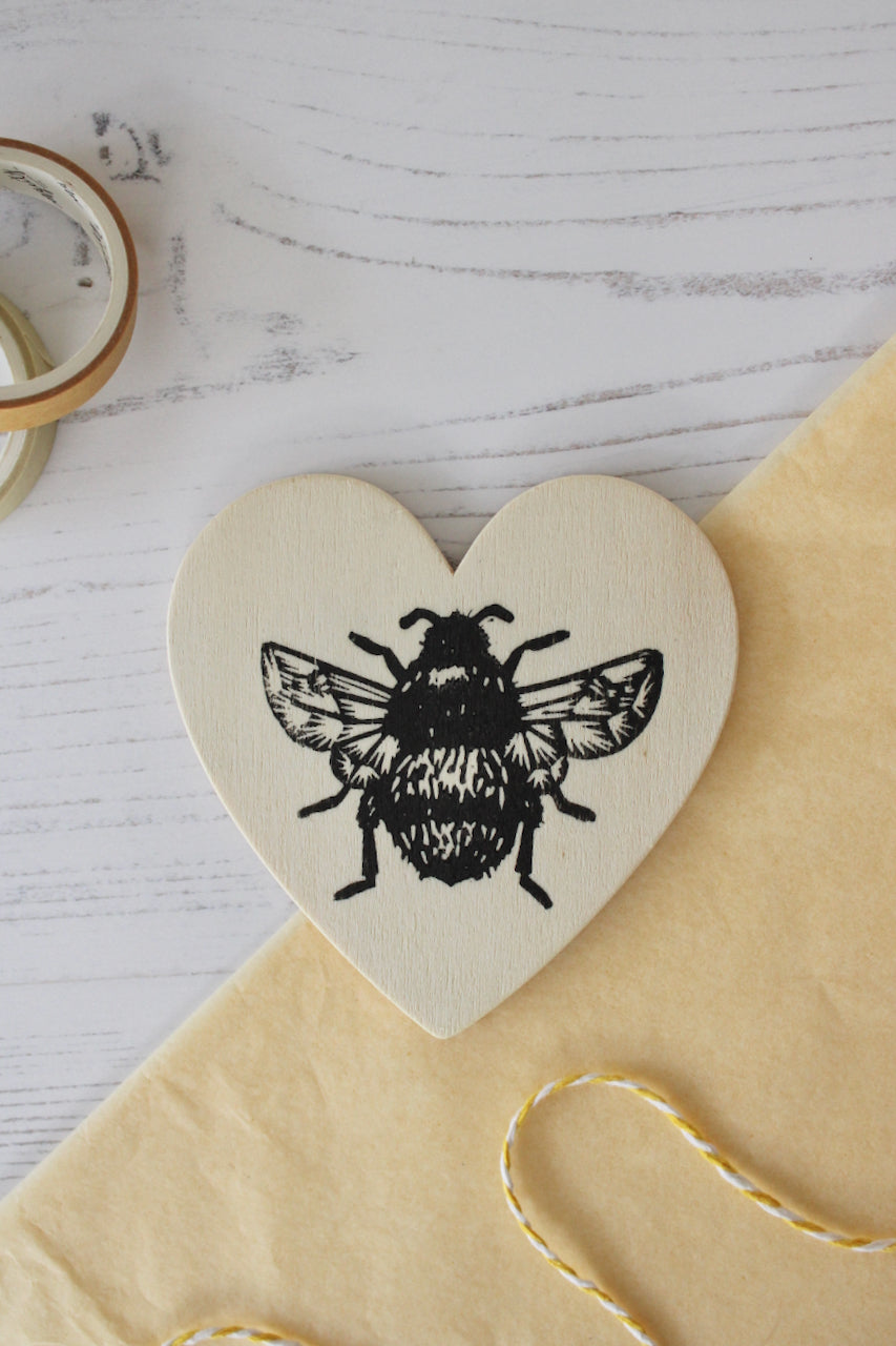 Bumblebee heart magnet - wooden hand printed Linocut