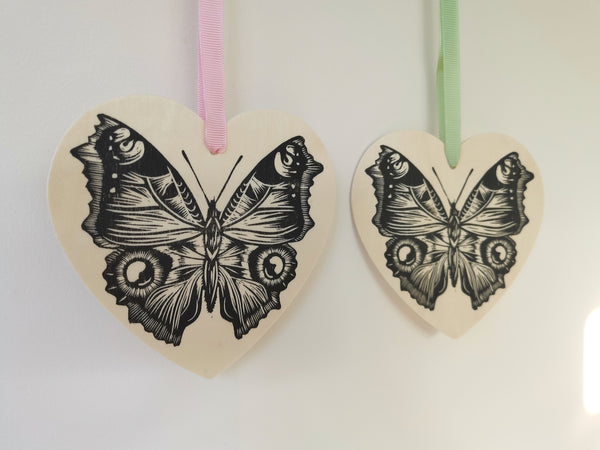 Butterfly heart hanging decoration - wooden hand printed Linocut