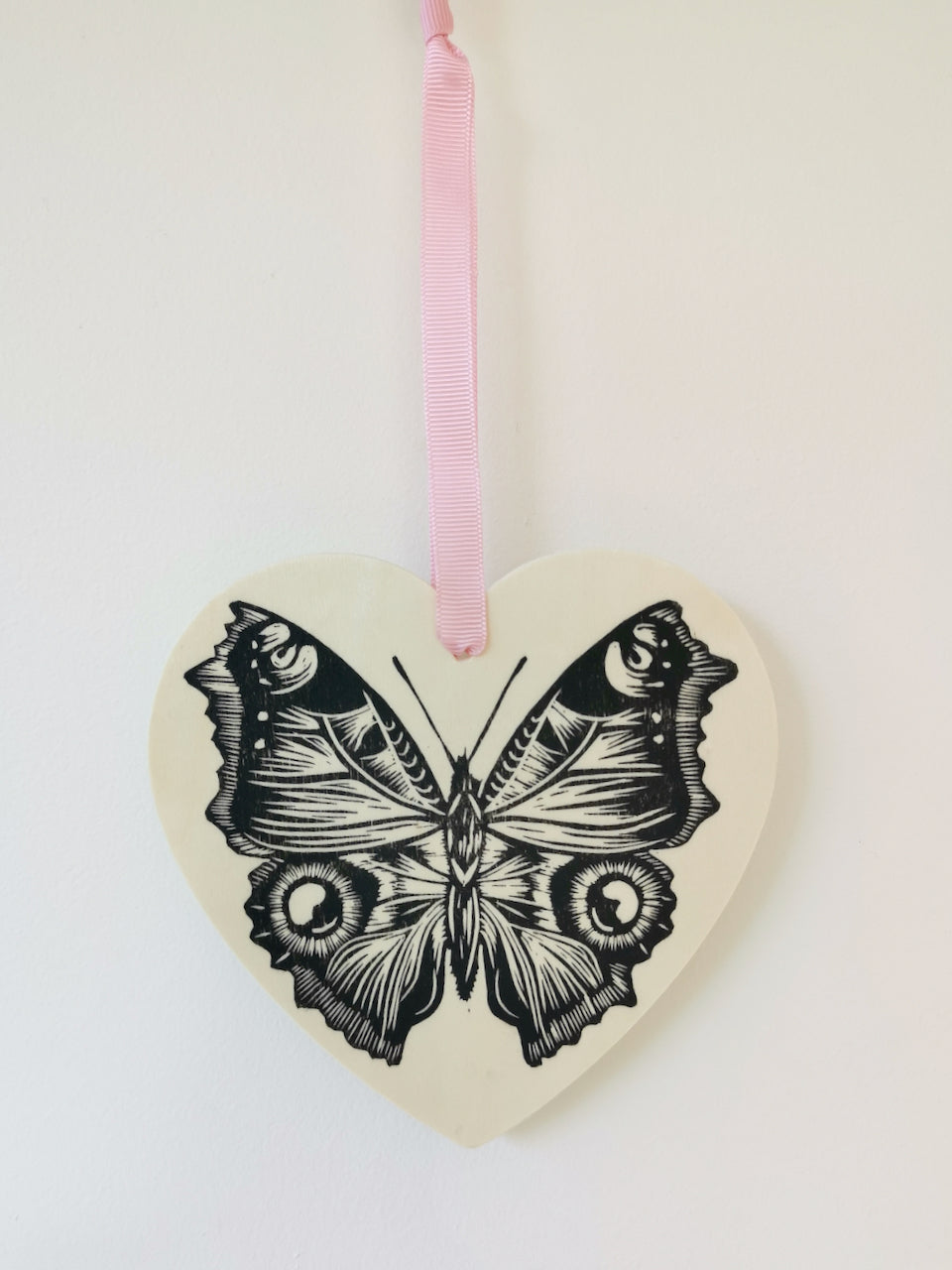 Butterfly heart hanging decoration - wooden hand printed Linocut