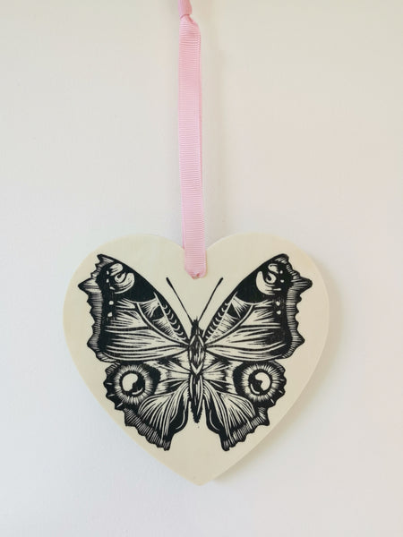 Butterfly heart hanging decoration - wooden hand printed Linocut