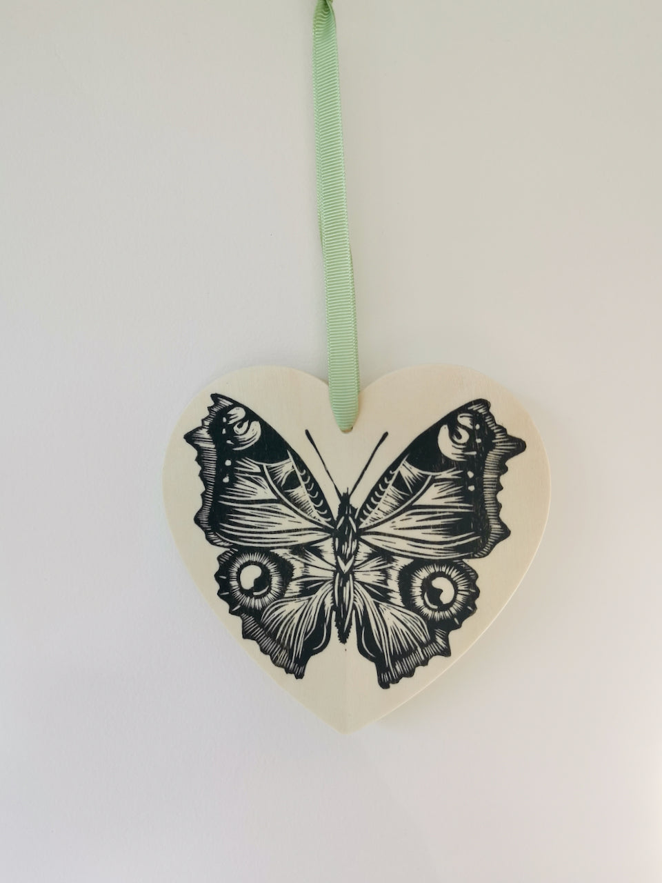 Butterfly heart hanging decoration - wooden hand printed Linocut