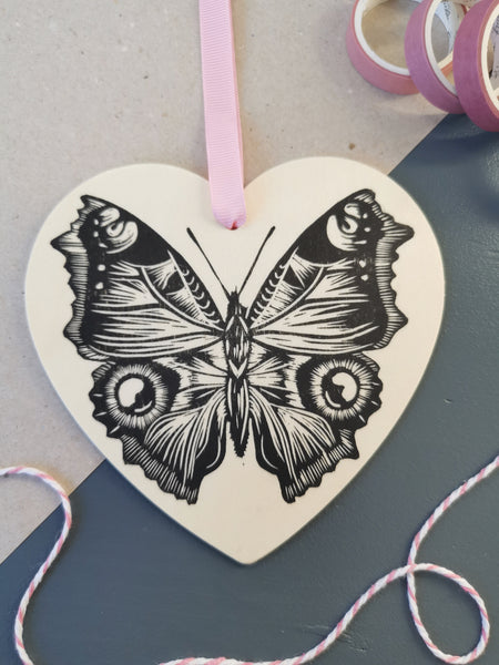 Butterfly heart hanging decoration - wooden hand printed Linocut