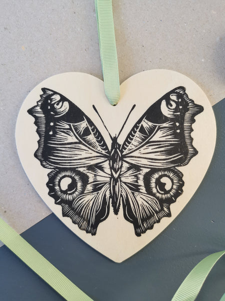 Butterfly heart hanging decoration - wooden hand printed Linocut