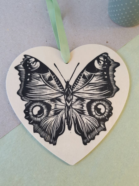 Butterfly heart hanging decoration - wooden hand printed Linocut