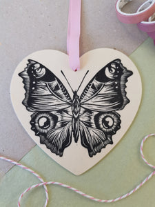 Butterfly heart hanging decoration - wooden hand printed Linocut