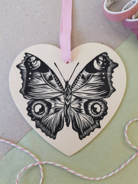 Butterfly heart hanging decoration - wooden hand printed Linocut