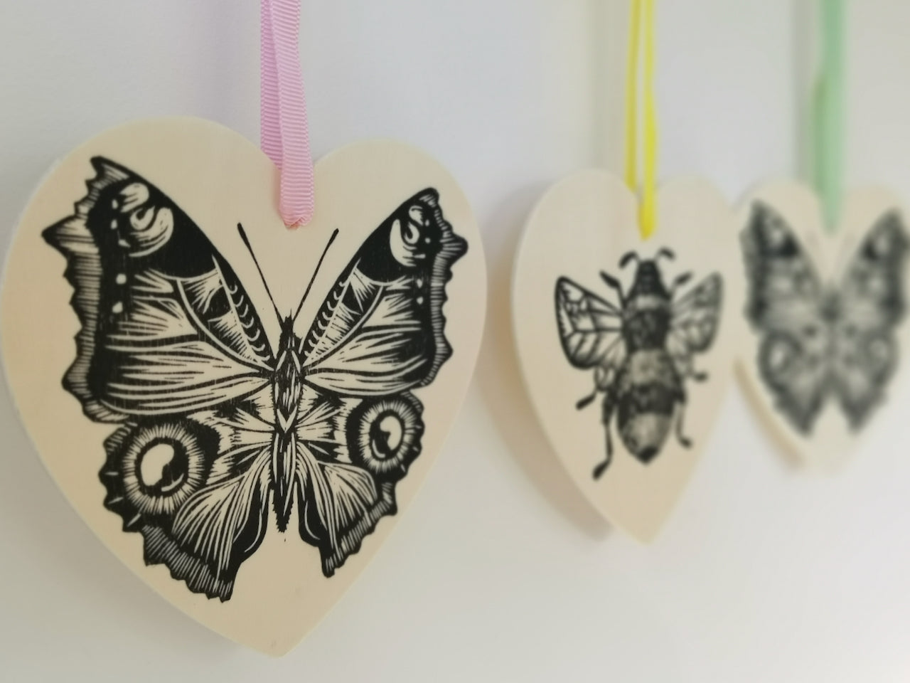 Butterfly heart hanging decoration - wooden hand printed Linocut