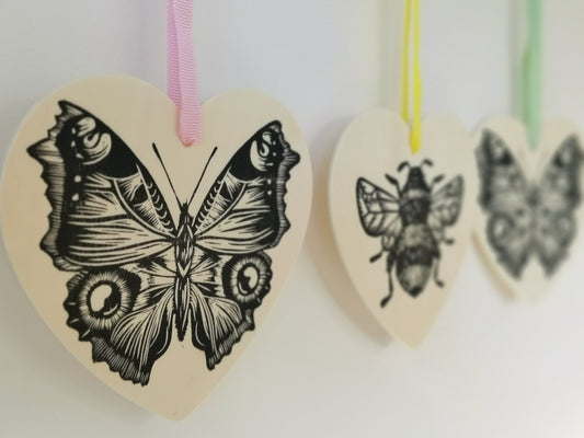 Butterfly heart hanging decoration - wooden hand printed Linocut