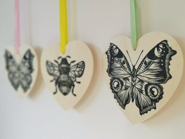 Butterfly heart hanging decoration - wooden hand printed Linocut