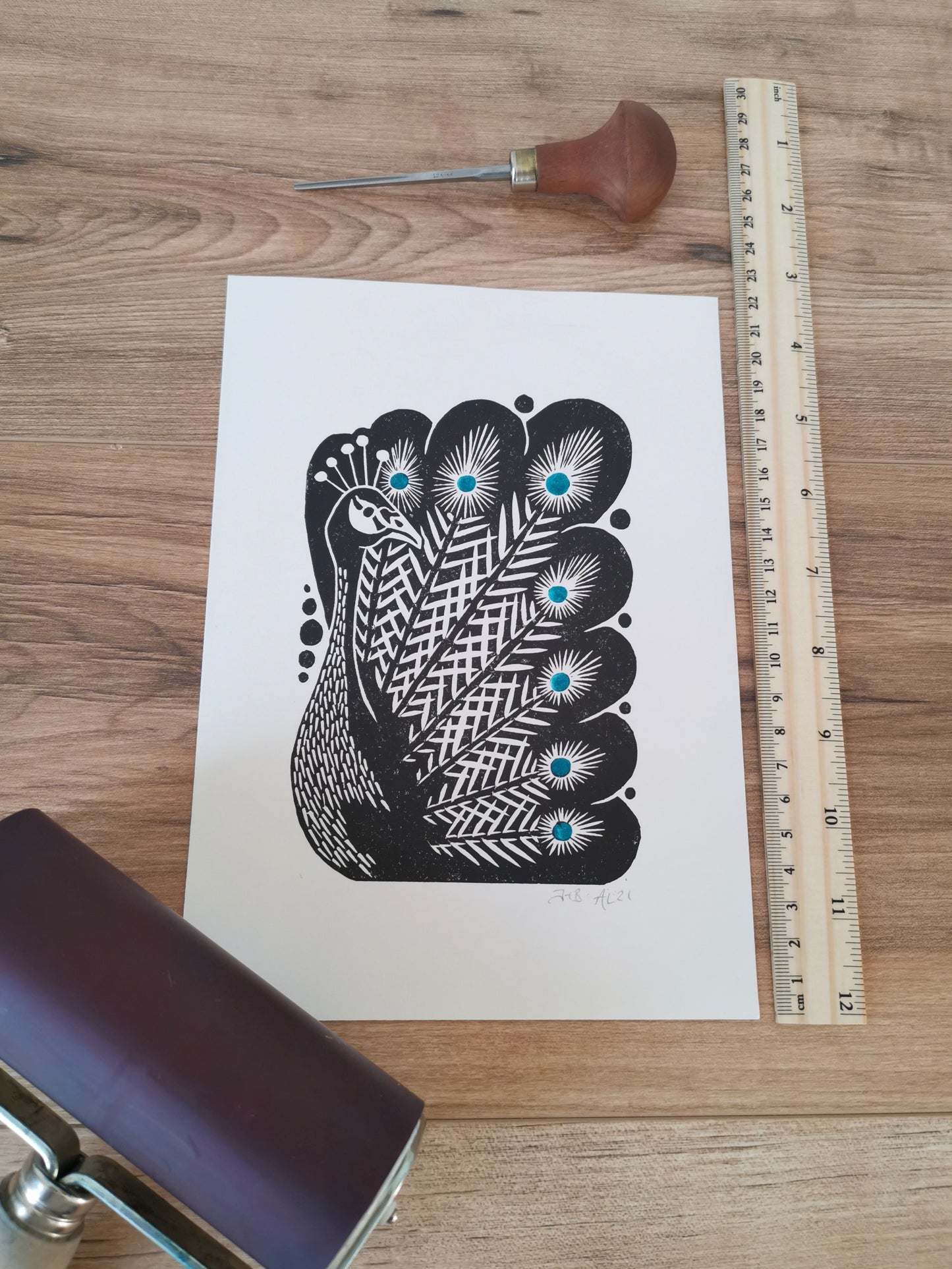 Peacock bird folksy style hand printed linocut nature art print