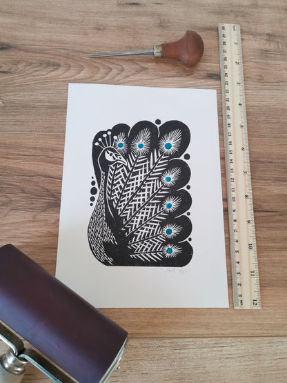 Peacock bird folksy style hand printed linocut nature art print