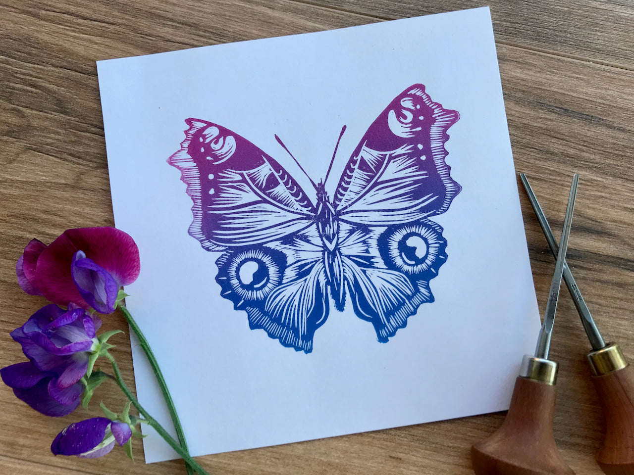 Butterfly Linocut art print, hand printed peacock butterfly by Jackdaw and Bear