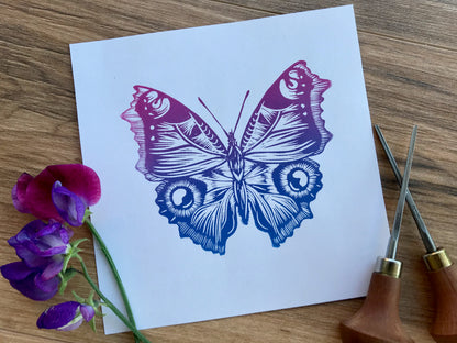 Butterfly Linocut art print, hand printed peacock butterfly by Jackdaw and Bear