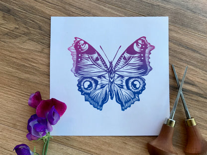 Butterfly Linocut art print, hand printed peacock butterfly by Jackdaw and Bear