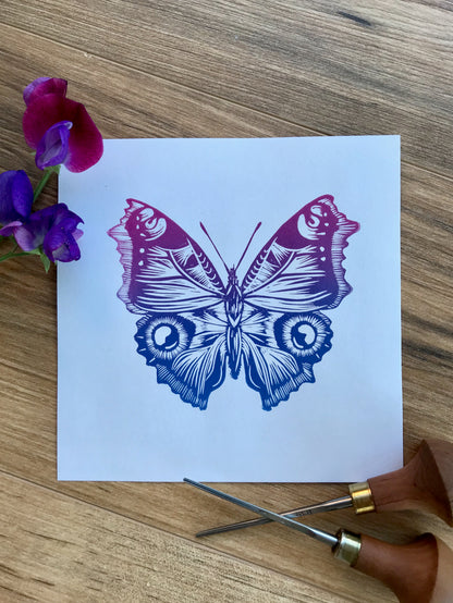 Butterfly Linocut art print, hand printed peacock butterfly by Jackdaw and Bear