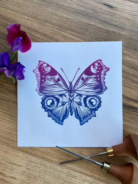 Colourful Butterfly Linocut art print, hand printed insect print peacock butterfly by Jackdaw and Bear