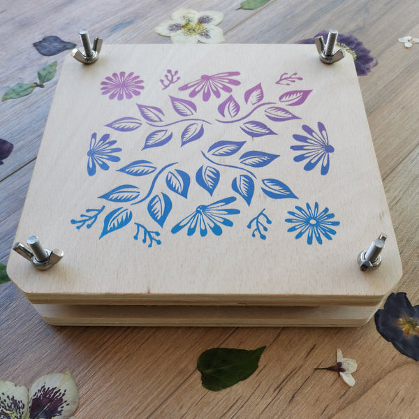 Large Wooden Flower Press - with hand printed lino cut design