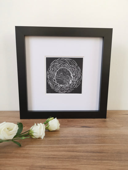 Sleepy torpid Hazel Dormouse Linocut art print