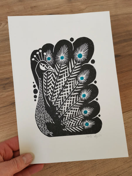 Peacock bird folksy style hand printed linocut nature art print