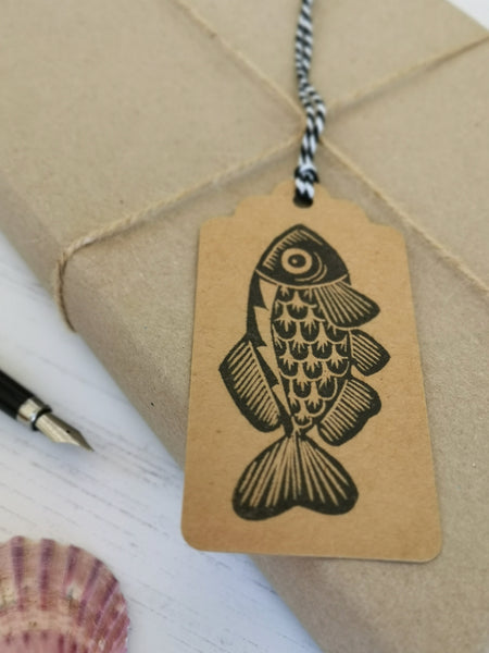 6pk hand printed Fish gift tags / present tags for gift wrapping