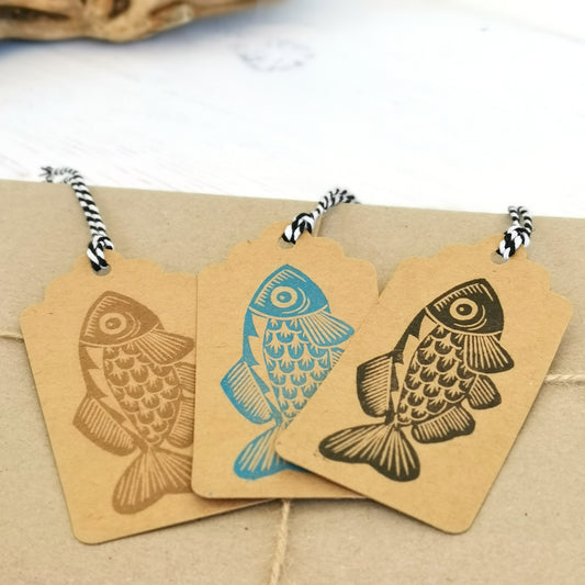 6pk hand printed Fish gift tags / present tags for gift wrapping