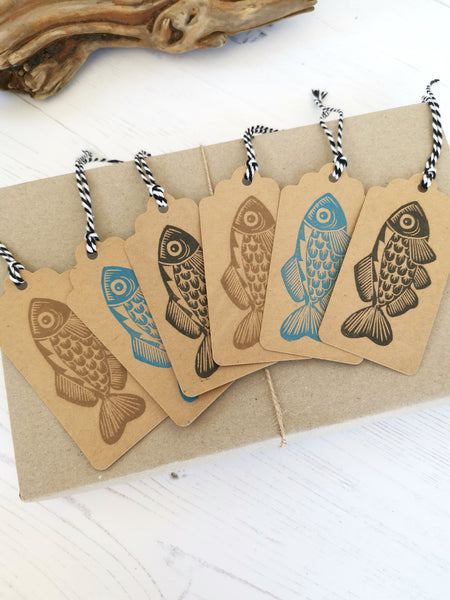 6pk hand printed Fish gift tags / present tags for gift wrapping