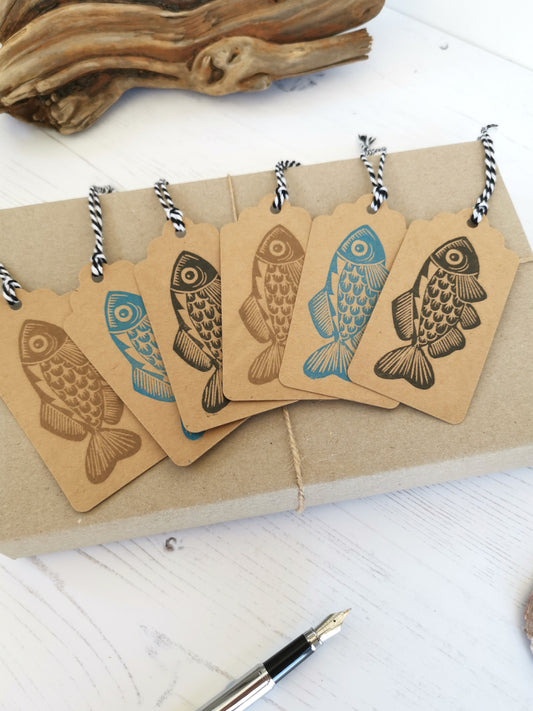 6pk hand printed Fish gift tags / present tags for gift wrapping