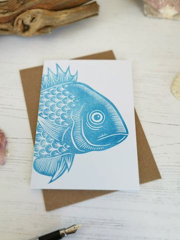 Hand printed fish greeting card, Lino cut print blank card, birthday card, thank you card