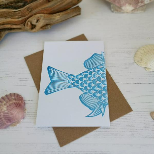 Hand printed fish greeting card, Lino cut print blank card, birthday card, thank you card
