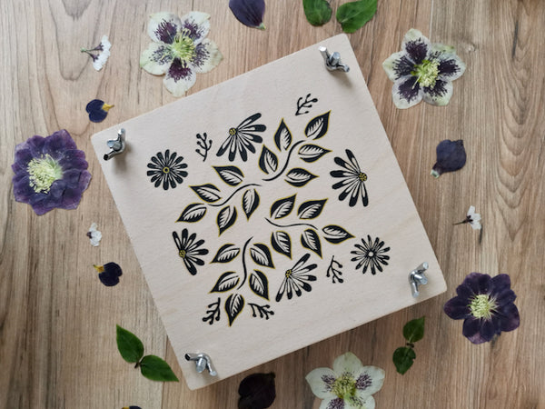 Large Wooden Flower Press - with hand printed lino cut design