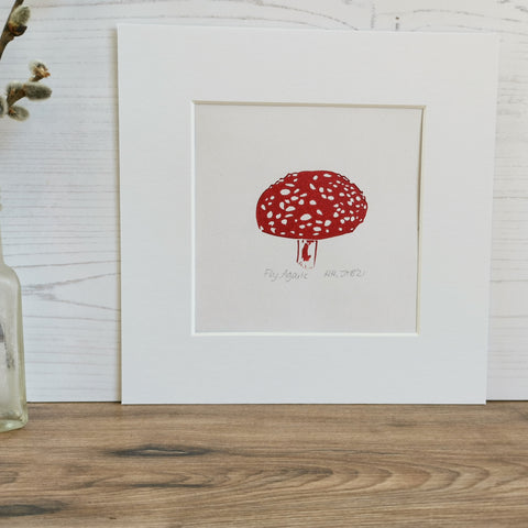 Mini fly agaric fungi prints - hand printed lino art print wall decor