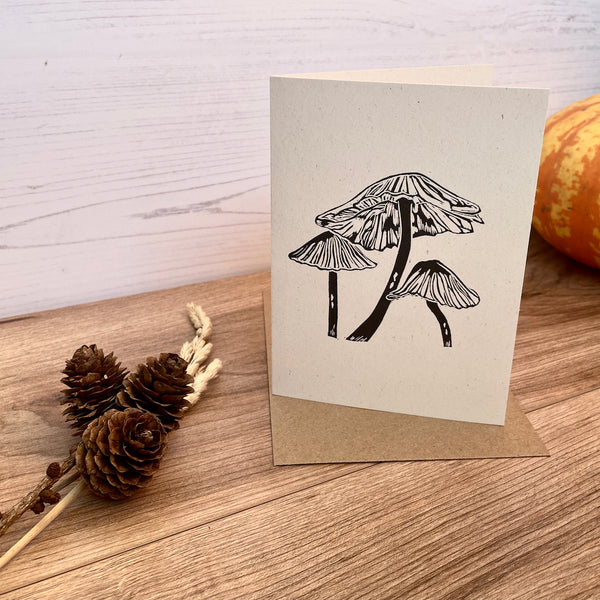 Foragers Fungi Greeting Card, Ink cap toadstool Lino cut printed birthday card