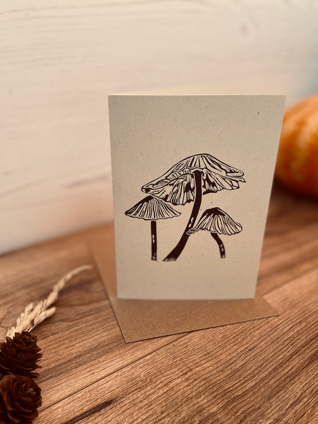 Foragers Fungi Greeting Card, Ink cap toadstool Lino cut printed birthday card