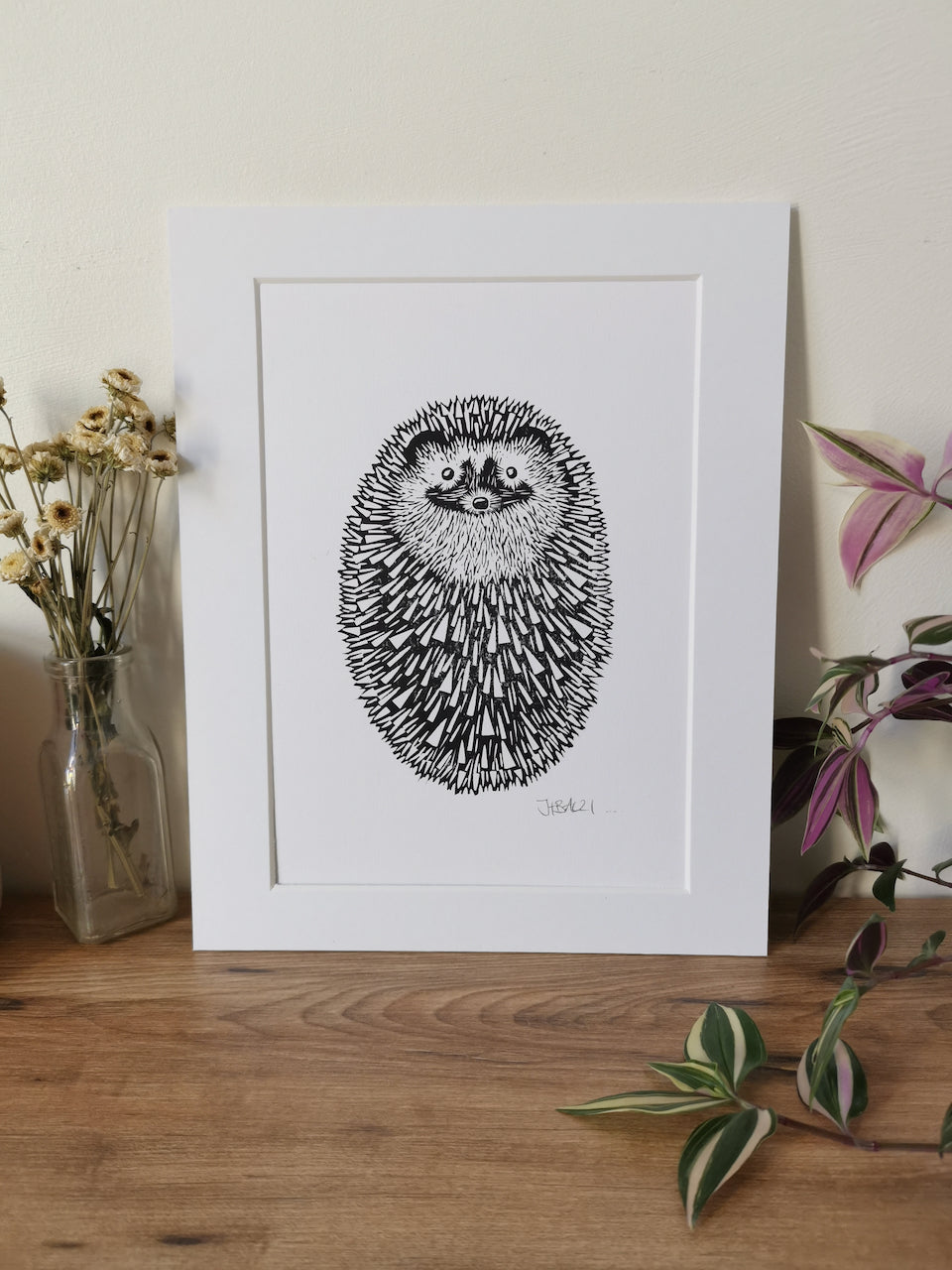 Hedgehog (ball) original mammal Linocut print