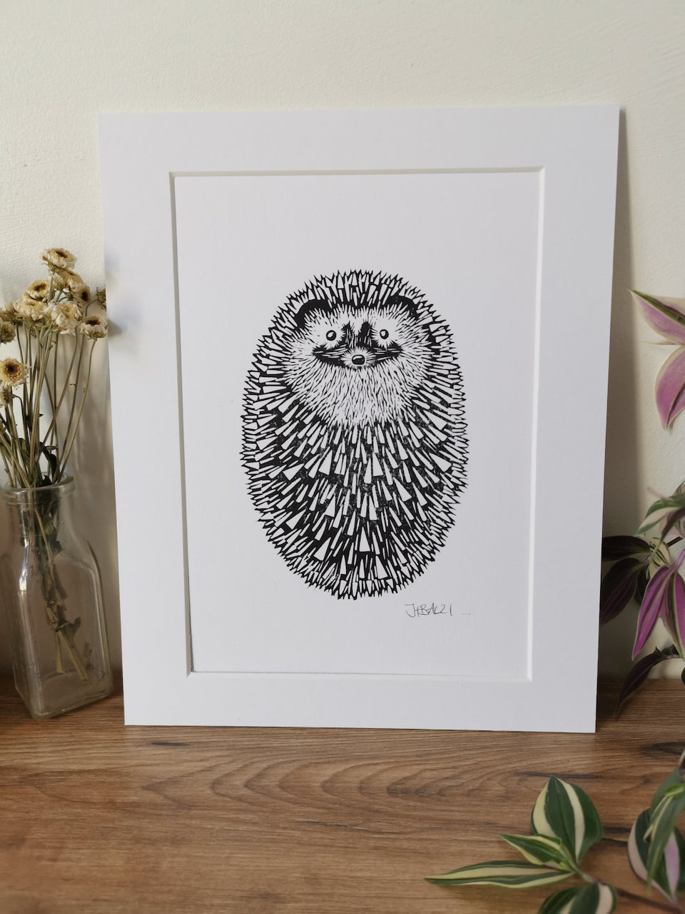 Hedgehog (ball) original mammal Linocut print