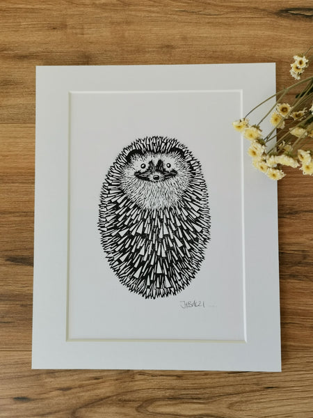 Hedgehog (ball) original mammal Linocut print