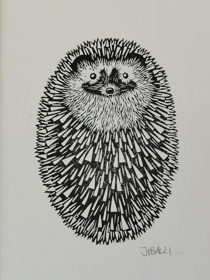 Hedgehog (ball) original mammal Linocut print