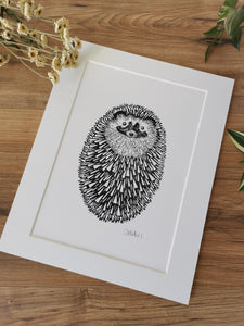 Hedgehog (ball) original mammal Linocut print