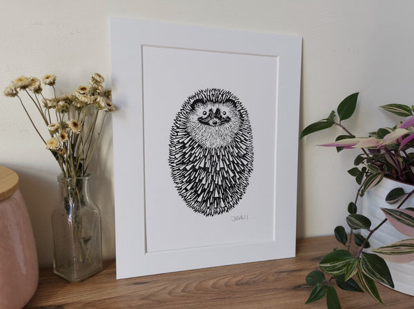 Hedgehog (ball) original mammal Linocut print